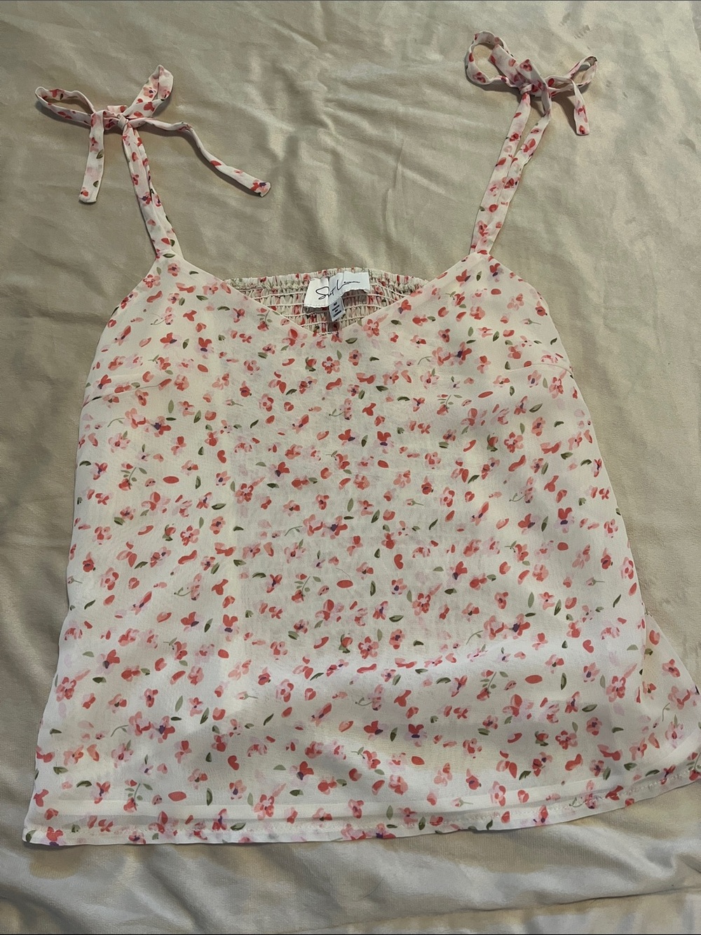Sweet Lemon Floral Tie-Shoulder Cami Tank - Cream with Pink Floral Print